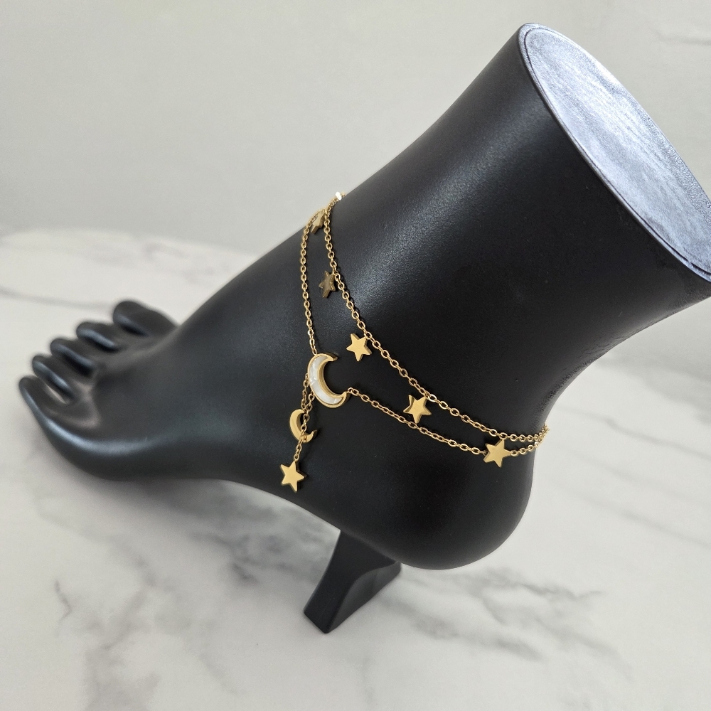 Gold Anklet Moon and Stars Charms Double Chain Layered Ankle Bracelet - Picture 7 of 15